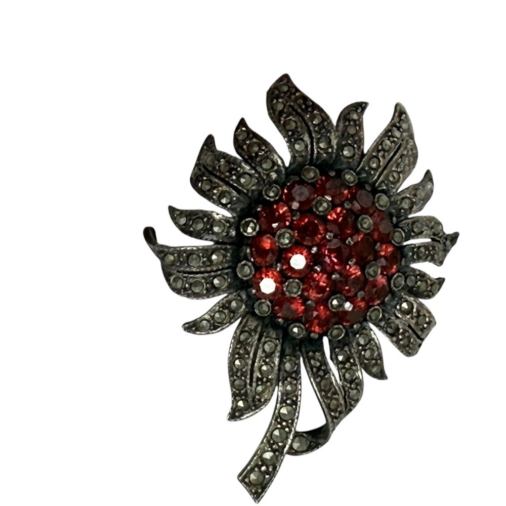 Vintage Sterling silver Marcasite And Red Rhinestones floral  Brooch pin retro